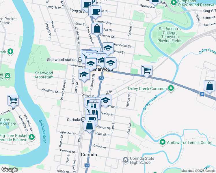 map of restaurants, bars, coffee shops, grocery stores, and more near 21 Mayhew Street in Sherwood