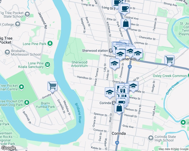 map of restaurants, bars, coffee shops, grocery stores, and more near 113 Dewar Terrace in Sherwood