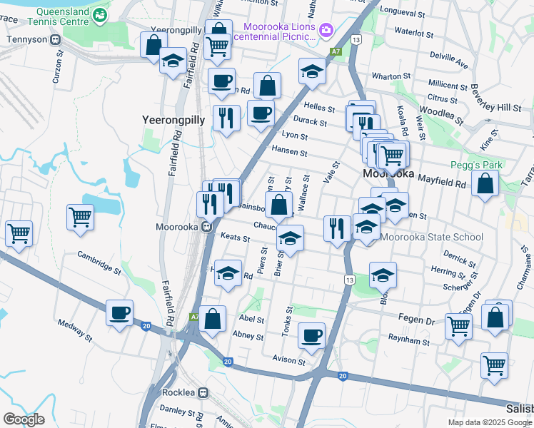 map of restaurants, bars, coffee shops, grocery stores, and more near 96 Gainsborough Street in Moorooka