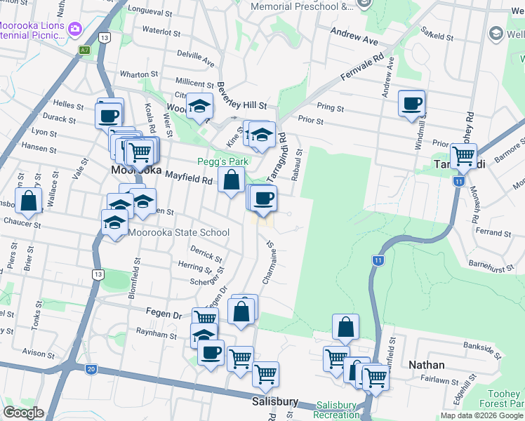 map of restaurants, bars, coffee shops, grocery stores, and more near 5 Barford Street in Moorooka