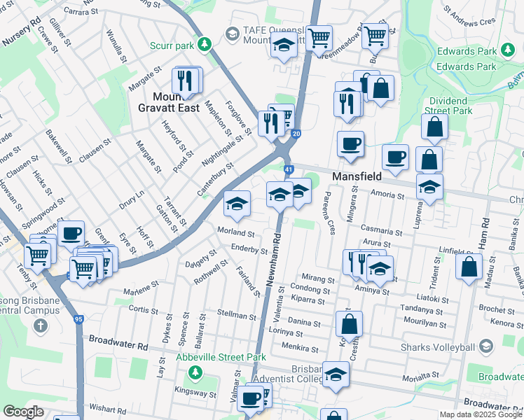 map of restaurants, bars, coffee shops, grocery stores, and more near 18 Allinga Street in Mount Gravatt East