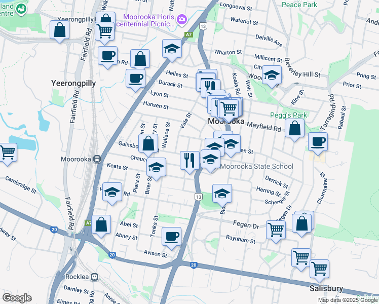 map of restaurants, bars, coffee shops, grocery stores, and more near 21 Gainsborough Street in Moorooka