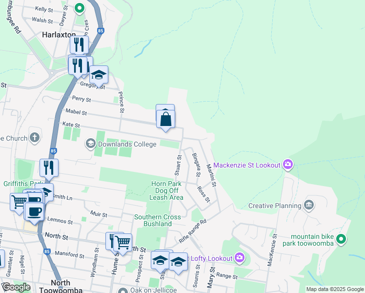 map of restaurants, bars, coffee shops, grocery stores, and more near 16 Stuart Street in Mount Lofty