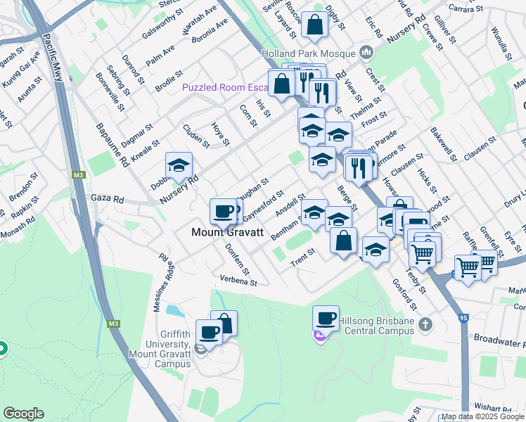 map of restaurants, bars, coffee shops, grocery stores, and more near 50 Gaynesford Street in Mount Gravatt