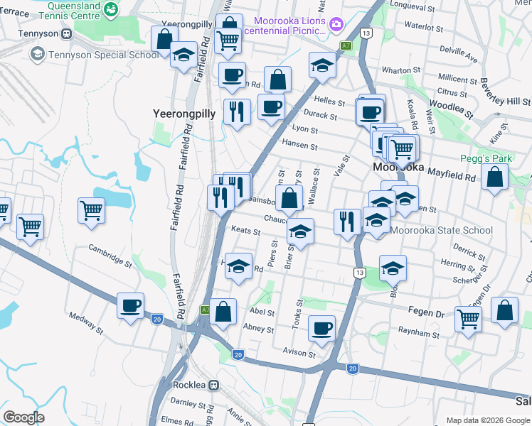 map of restaurants, bars, coffee shops, grocery stores, and more near 36 Chaucer Street in Moorooka
