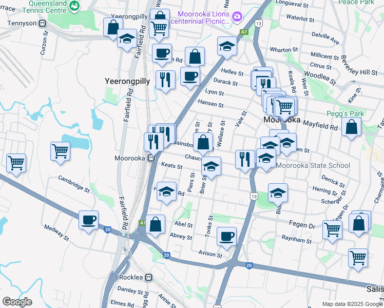 map of restaurants, bars, coffee shops, grocery stores, and more near 44 Chaucer Street in Moorooka