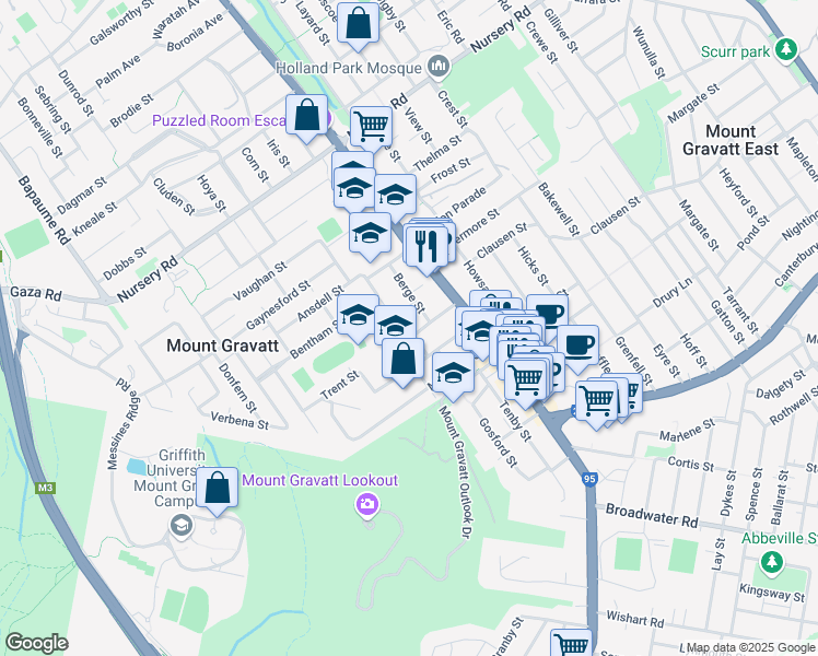 map of restaurants, bars, coffee shops, grocery stores, and more near 45 Creighton Street in Mount Gravatt