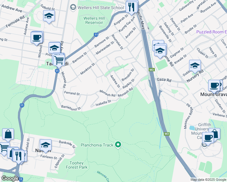 map of restaurants, bars, coffee shops, grocery stores, and more near 55 Craigmont Street in Tarragindi