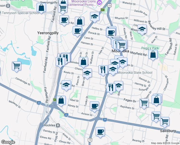 map of restaurants, bars, coffee shops, grocery stores, and more near 85 Chaucer Street in Moorooka