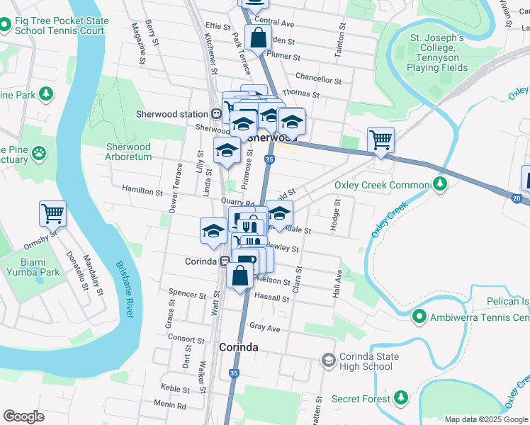 map of restaurants, bars, coffee shops, grocery stores, and more near 560 Oxley Road in Sherwood
