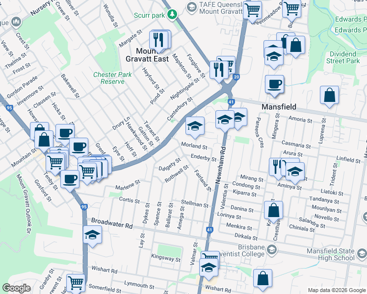 map of restaurants, bars, coffee shops, grocery stores, and more near 6 Fairland Street in Mount Gravatt East