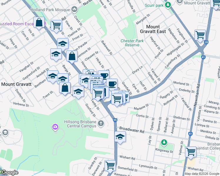 map of restaurants, bars, coffee shops, grocery stores, and more near 40 Lauder Street in Mount Gravatt East