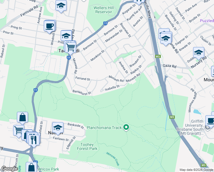 map of restaurants, bars, coffee shops, grocery stores, and more near 16 Isabella Street in Tarragindi
