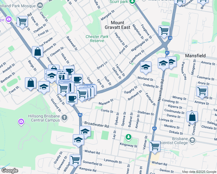 map of restaurants, bars, coffee shops, grocery stores, and more near 114 Creek Road in Mount Gravatt East