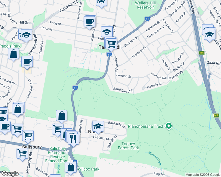map of restaurants, bars, coffee shops, grocery stores, and more near 25 Barnehurst Street in Tarragindi