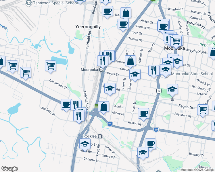 map of restaurants, bars, coffee shops, grocery stores, and more near 18 Hamilton Road in Moorooka