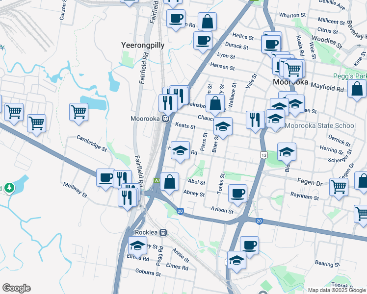 map of restaurants, bars, coffee shops, grocery stores, and more near 28 Hamilton Road in Moorooka