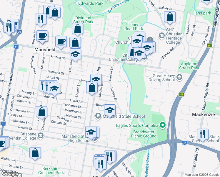 map of restaurants, bars, coffee shops, grocery stores, and more near 49 Banika Street in Mansfield