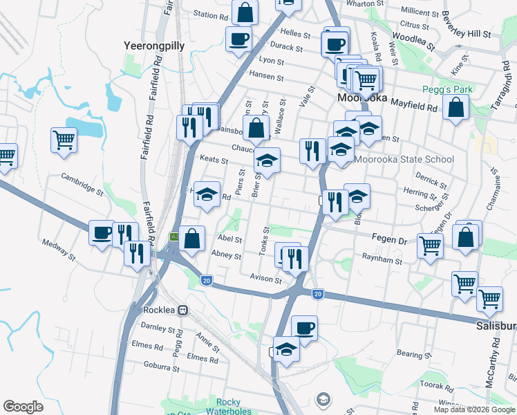 map of restaurants, bars, coffee shops, grocery stores, and more near 89 Hamilton Road in Moorooka