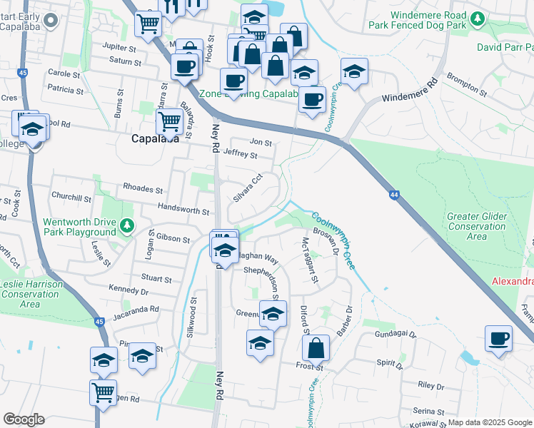 map of restaurants, bars, coffee shops, grocery stores, and more near 51 Silvara Circuit in Capalaba