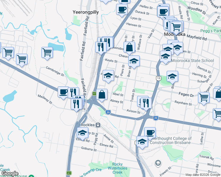 map of restaurants, bars, coffee shops, grocery stores, and more near 37 Anson Street in Moorooka