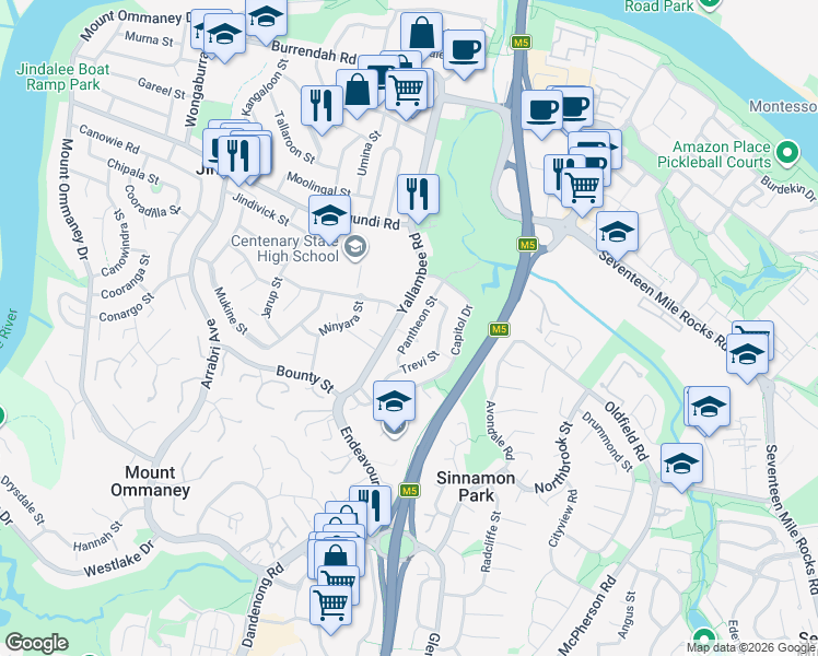 map of restaurants, bars, coffee shops, grocery stores, and more near 19 Pantheon Street in Jindalee