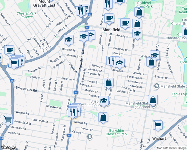 map of restaurants, bars, coffee shops, grocery stores, and more near 15 Kiparra Street in Mansfield