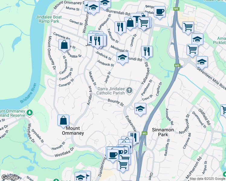 map of restaurants, bars, coffee shops, grocery stores, and more near 20 Mukine Street in Jindalee