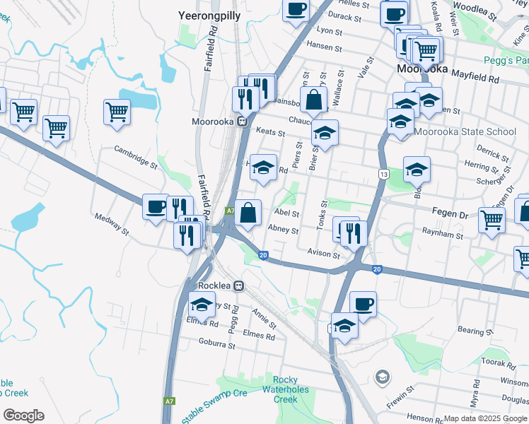 map of restaurants, bars, coffee shops, grocery stores, and more near 38 Abel Street in Moorooka