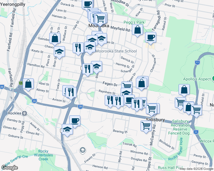 map of restaurants, bars, coffee shops, grocery stores, and more near 39 Fegen Drive in Moorooka