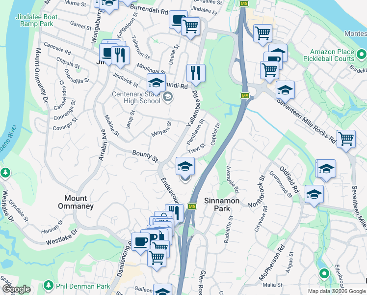 map of restaurants, bars, coffee shops, grocery stores, and more near 33 Pantheon Street in Jindalee