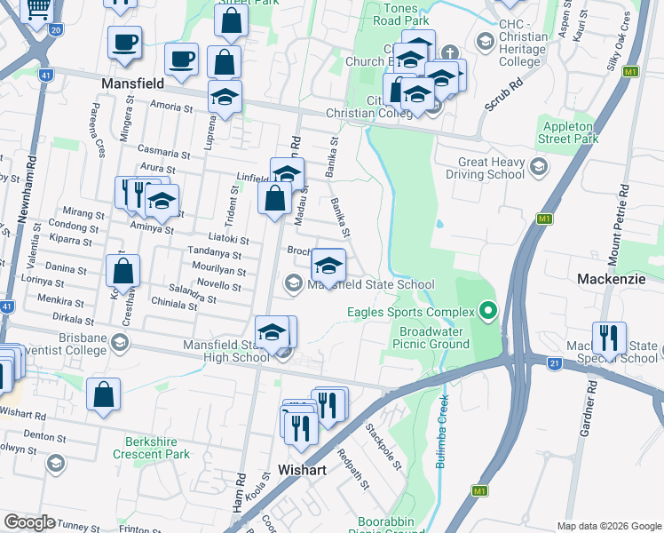 map of restaurants, bars, coffee shops, grocery stores, and more near 20 Kenora Street in Mansfield