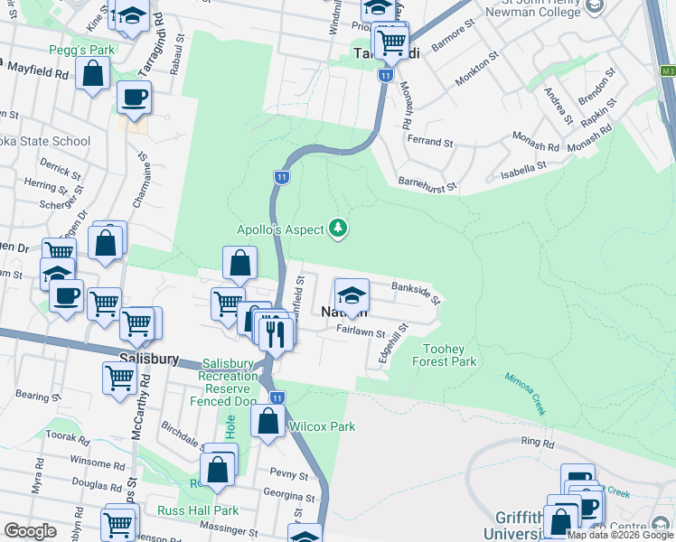map of restaurants, bars, coffee shops, grocery stores, and more near 32 Bankside Street in Nathan