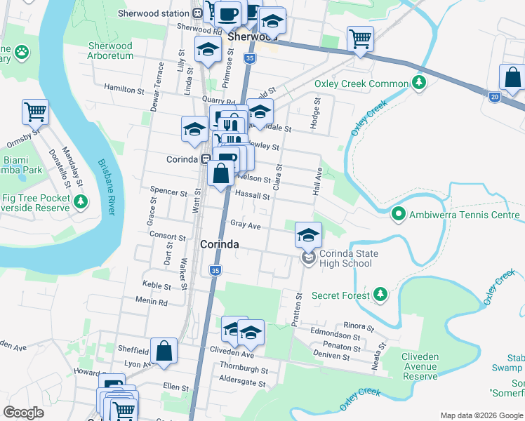 map of restaurants, bars, coffee shops, grocery stores, and more near 1-7 Robbins Street in Corinda