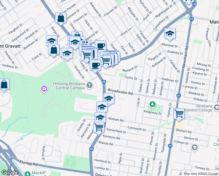 map of restaurants, bars, coffee shops, grocery stores, and more near 16 Broadwater Road in Mount Gravatt East