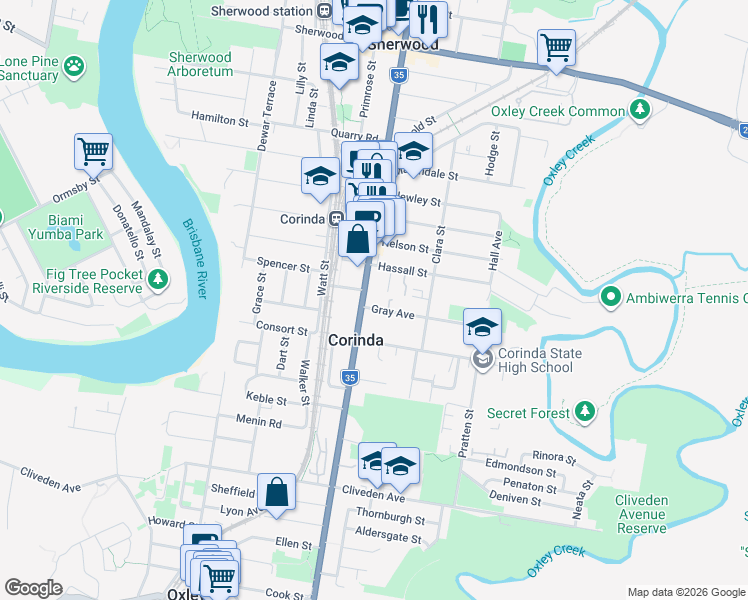 map of restaurants, bars, coffee shops, grocery stores, and more near 704 Oxley Road in Corinda