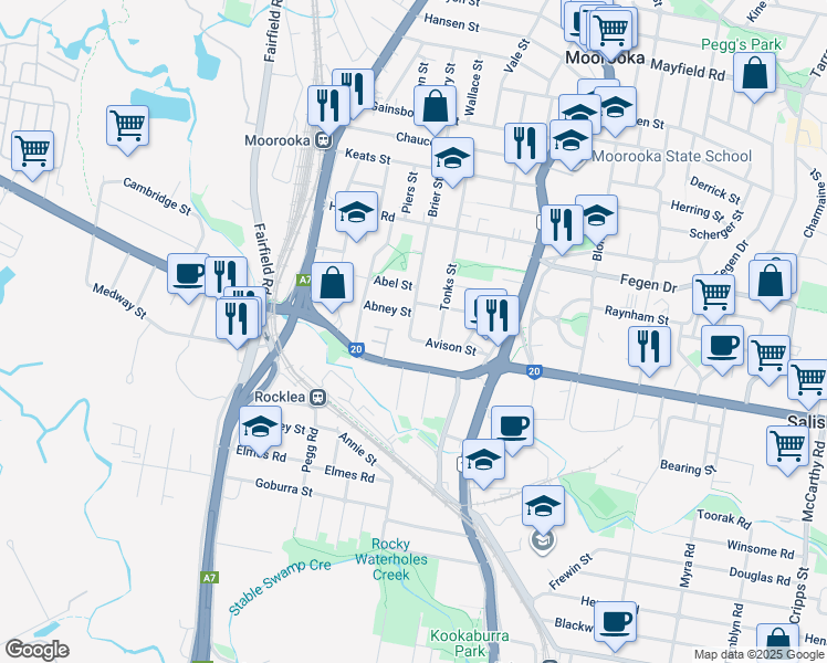 map of restaurants, bars, coffee shops, grocery stores, and more near 81 Avison Street in Moorooka