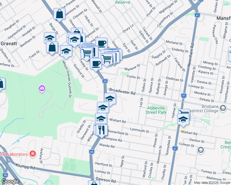 map of restaurants, bars, coffee shops, grocery stores, and more near 29 Broadwater Road in Mount Gravatt East