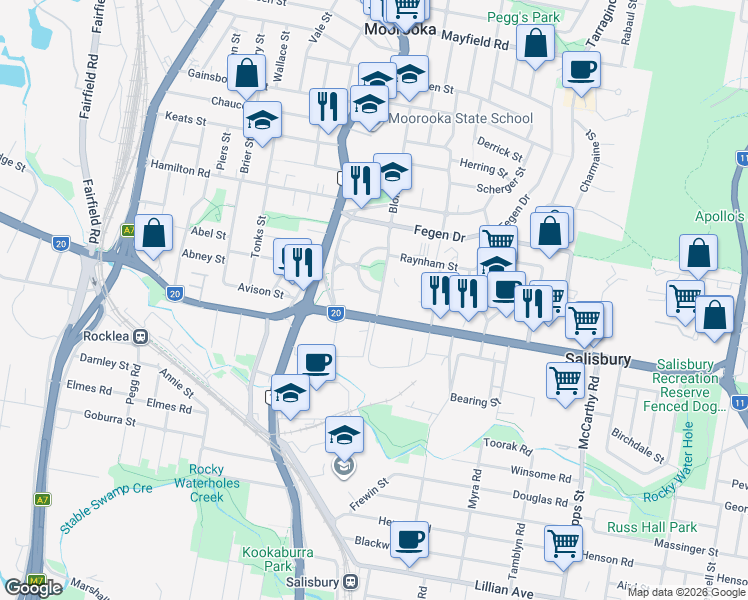 map of restaurants, bars, coffee shops, grocery stores, and more near 8 Nettleton Crescent in Moorooka