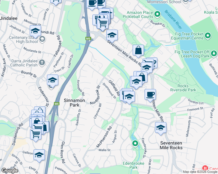 map of restaurants, bars, coffee shops, grocery stores, and more near 77 Drummond Street in Sinnamon Park