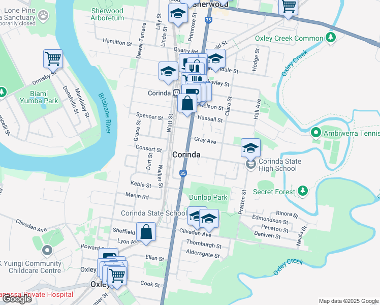 map of restaurants, bars, coffee shops, grocery stores, and more near 30 Lynne Grove Avenue in Corinda