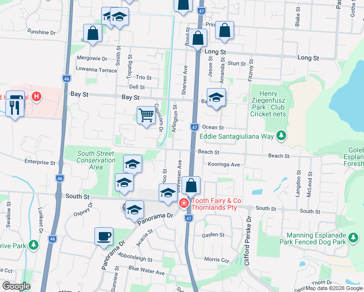 map of restaurants, bars, coffee shops, grocery stores, and more near 89 Beach Street in Cleveland