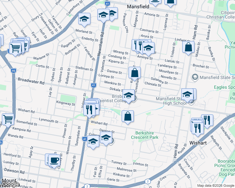 map of restaurants, bars, coffee shops, grocery stores, and more near 222 Broadwater Road in Mansfield
