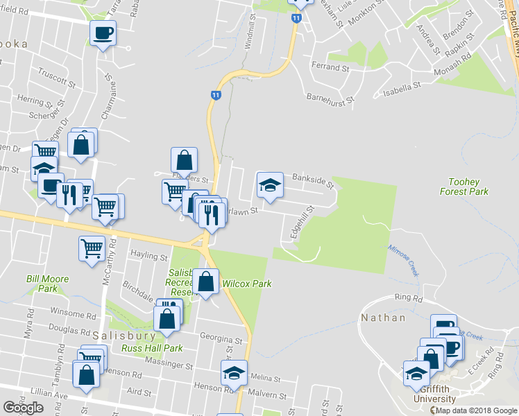 map of restaurants, bars, coffee shops, grocery stores, and more near 2 Ivymount Street in Nathan
