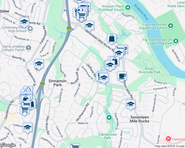 map of restaurants, bars, coffee shops, grocery stores, and more near 76 Oldfield Road in Sinnamon Park