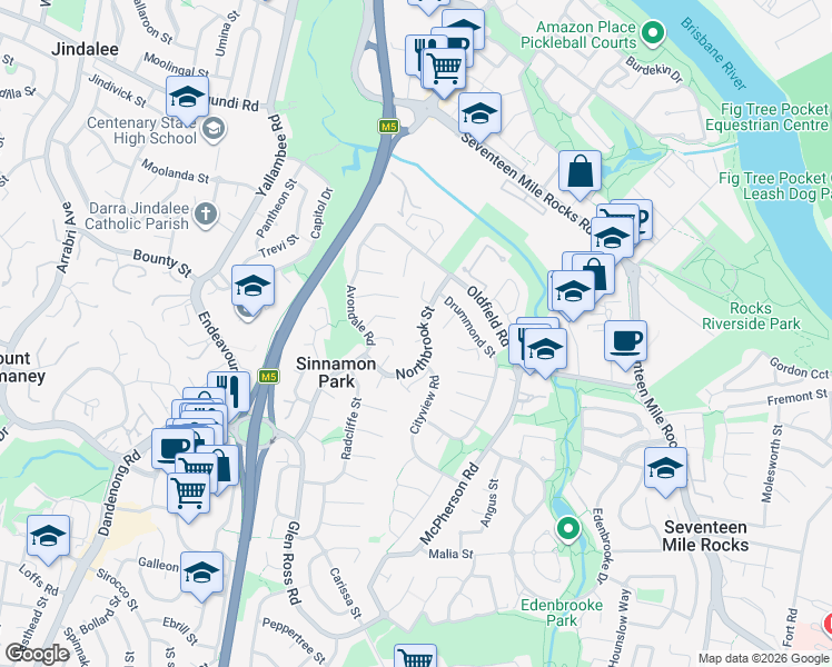 map of restaurants, bars, coffee shops, grocery stores, and more near 2 Allamanda Court in Sinnamon Park