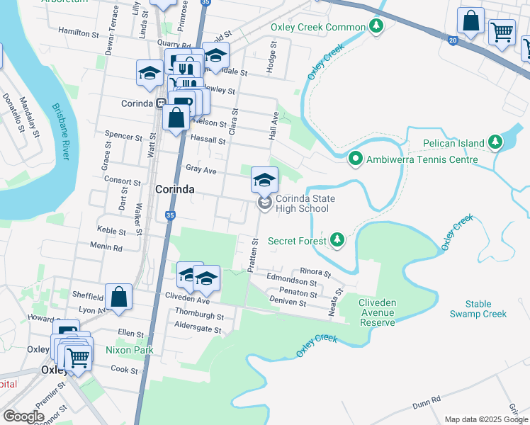 map of restaurants, bars, coffee shops, grocery stores, and more near 46 Pratten Street in Corinda