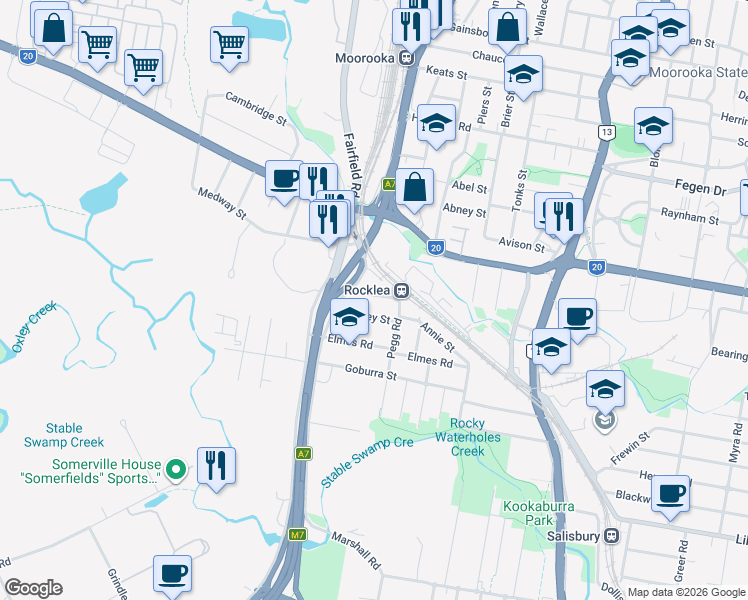 map of restaurants, bars, coffee shops, grocery stores, and more near 39 Brooke Street in Rocklea