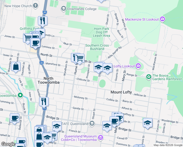 map of restaurants, bars, coffee shops, grocery stores, and more near 16 Adam Street in North Toowoomba