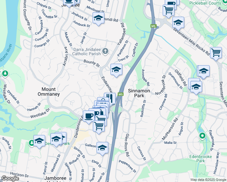 map of restaurants, bars, coffee shops, grocery stores, and more near 50 Endeavour Street in Mount Ommaney
